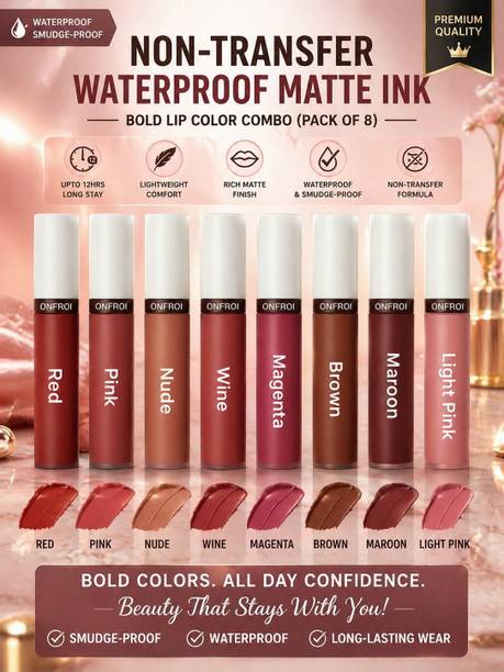 Onfroi Matte Ink Liquid Lipstick Set - Smudge-Proof & Waterproof (Pack of 8 Shades)