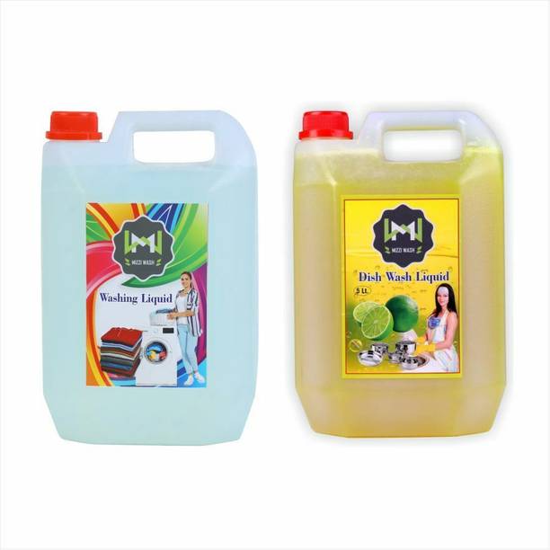 MIZZIWASH Washing machine liquid transparent + Dish Cleaning Gel yellow (5+5 ltr) Multi-Fragrance Liquid Detergent