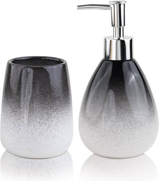 बर्च & को। Ceramic Soap Dispenser For Wash Basin with holder - Leak-Proof Design for 300 ml लिक्विड, कंडीशनर, फोम, जेल, लोशन, सैनिटाइज़र स्टैंड, शैम्पू, साबुन डिस्पेंसर