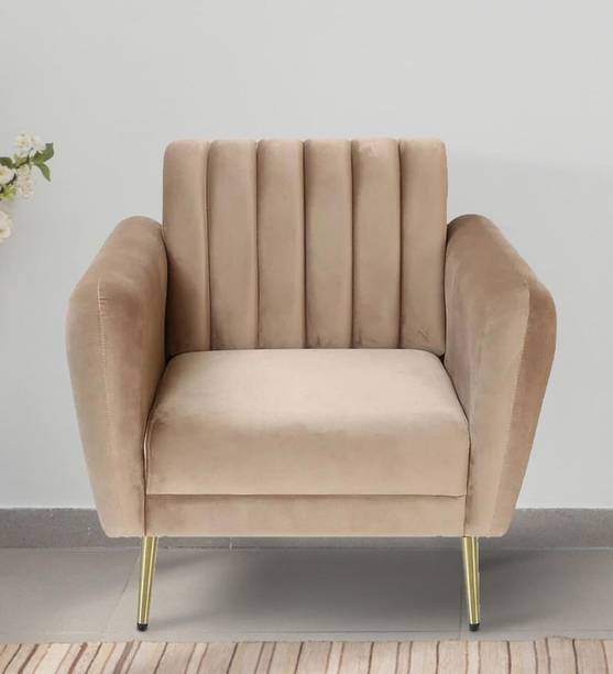 WOODENFACTOR Velvet Tub Chair with Golden Legs | Beige Solid Wood Living Room Chair