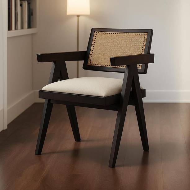 LIFE WOOD Life Wood Solid Wood and Rattan Back Support Arm Chair Cane Living Room Chair