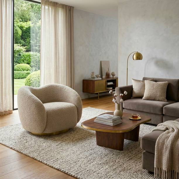 Kingsman Furnitures Brok 360° Beige Swivel Round Arm Chair for Living, Bedroom Fabric Living Room Chair
