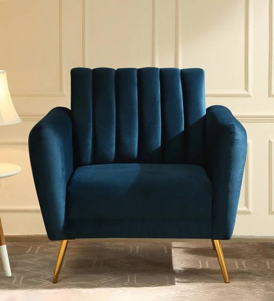 WOODENFACTOR Velvet Tub Chair with Golden Legs | Blue Solid Wood Living Room Chair