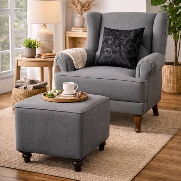 Sheijin Puro Lounge Sofa Chair with Ottoman and Black Cushion Fully Upholstered Fabric Living Room Chair