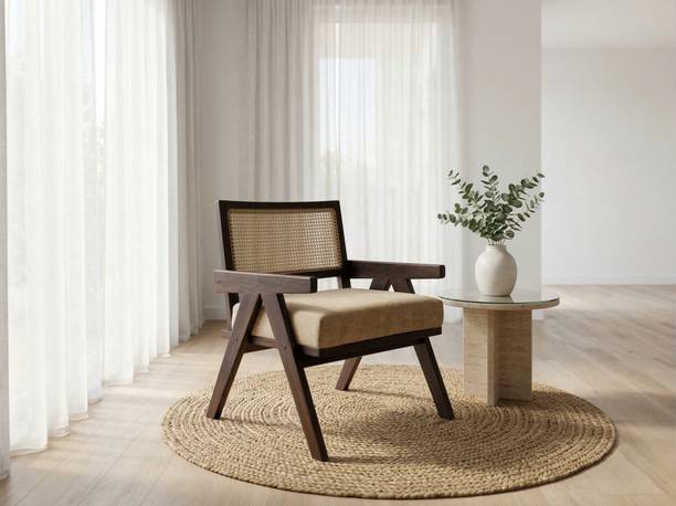 Deuba Solid Sheesham Wood Arm Chair with Cushion and Cane Back Support Chair Solid Wood Living Room Chair