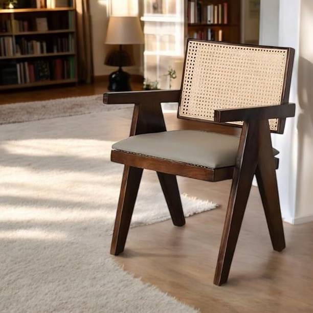 Streemcraft Solid Sheesham Wood Arm Chair with Cushion and Cane Back Support Chair Solid Wood Living Room Chair