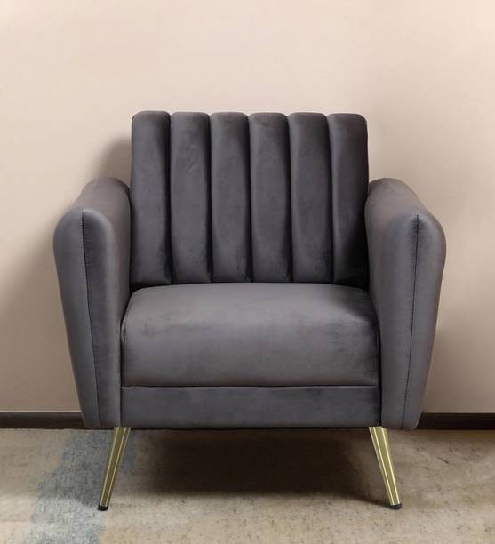 WOODENFACTOR Velvet Tub Chair with Golden Legs | Grey Solid Wood Living Room Chair