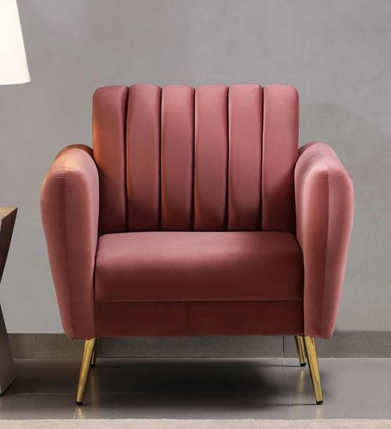 WOODENFACTOR Velvet Tub Chair with Golden Legs | Blush Pink Solid Wood Living Room Chair