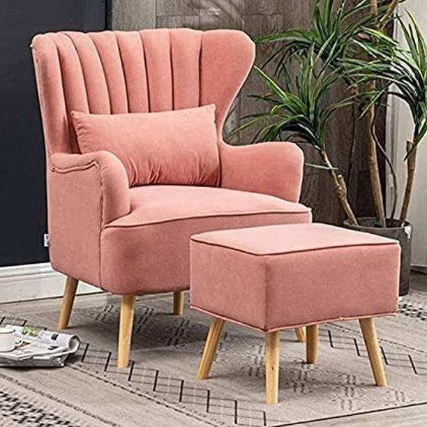 WOODENFACTOR Velvet Wing Chair with Metal Legs for Living Room & Bedroom | Pink Solid Wood Living Room Chair