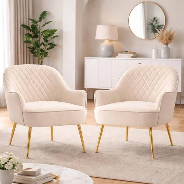 WOODENFACTOR Set of 2 Velvet Accent Chair with Golden Legs | Off White Solid Wood Living Room Chair