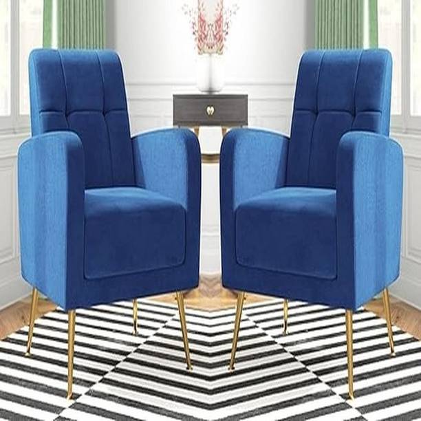 WOODENFACTOR Set of 2 Velvet Armchair with Metal Legs for Living Room | Blue Solid Wood Living Room Chair