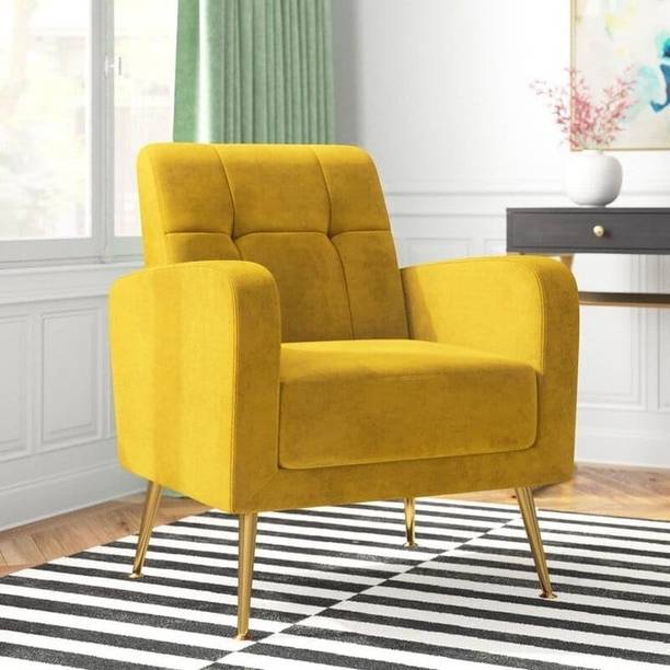 WOODENFACTOR Set of 2 Velvet Armchair with Metal Legs for Living Room | Yellow Solid Wood Living Room Chair