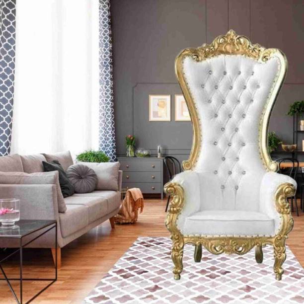 India wood mart Maharaja Chair Made of Solid Wood for a Royal Wedding and Living Room White Gold Solid Wood Living Room Chair