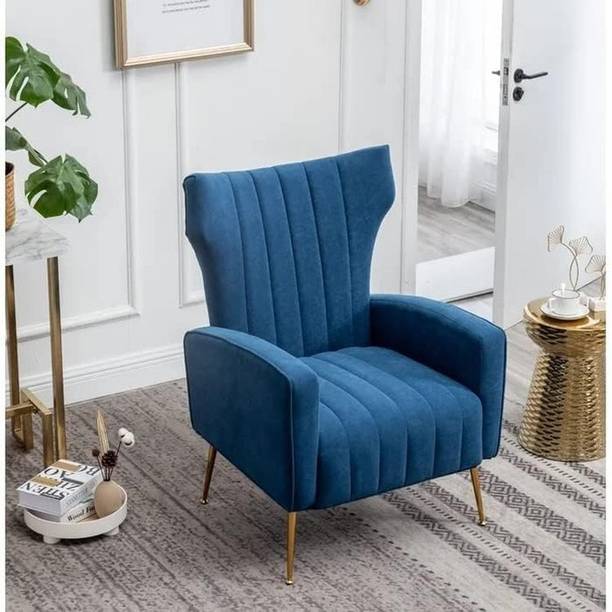 WOODENFACTOR Velvet Armchair with Metal Legs for Living Room & Bedroom | Blue Solid Wood Living Room Chair
