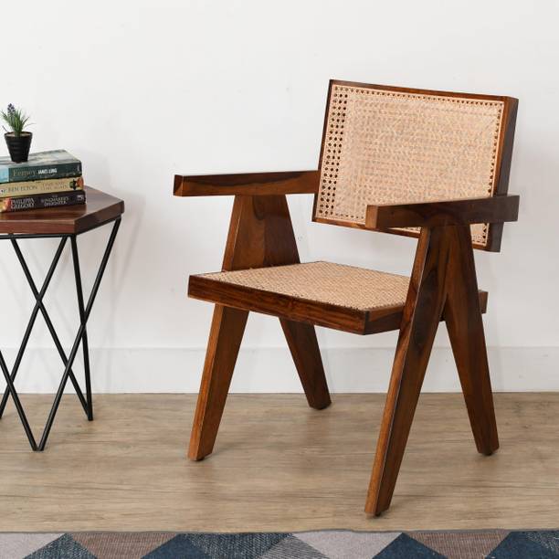 Timbster Sheesham Wood Arm Chair with Cane Back Support for Bedroom Living Room Home Solid Wood Living Room Chair