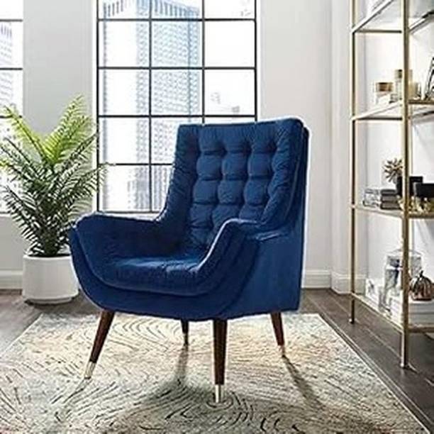 WOODENFACTOR Velvet Wing Chair with Wooden Legs for Living Room & Bedroom | Blue Solid Wood Living Room Chair