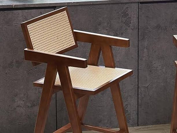 FURNEEZY Wesley Rattan Bar Stools – Walnut Solid Wood Living Room Chair