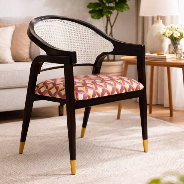 Sheijin Sheijin Modern Cane Back Accent Arm Chair with Printed Cushion Seat Solid Wood Living Room Chair