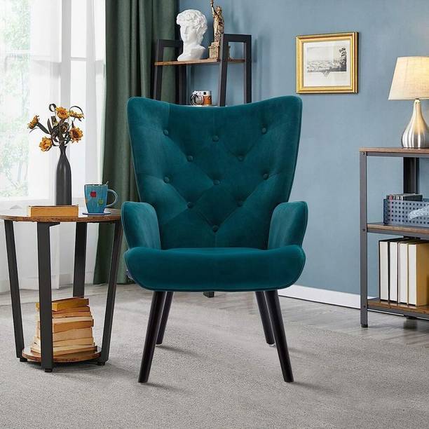 WOODENFACTOR Velvet Wing Chair with Wooden Legs for Living Room & Bedroom | Blue Solid Wood Living Room Chair
