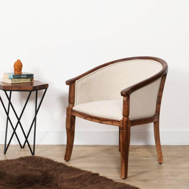 Medieval Arts Arm Chair with Comfortable White Upholstery Provincial Teak Finish Solid Wood Living Room Chair