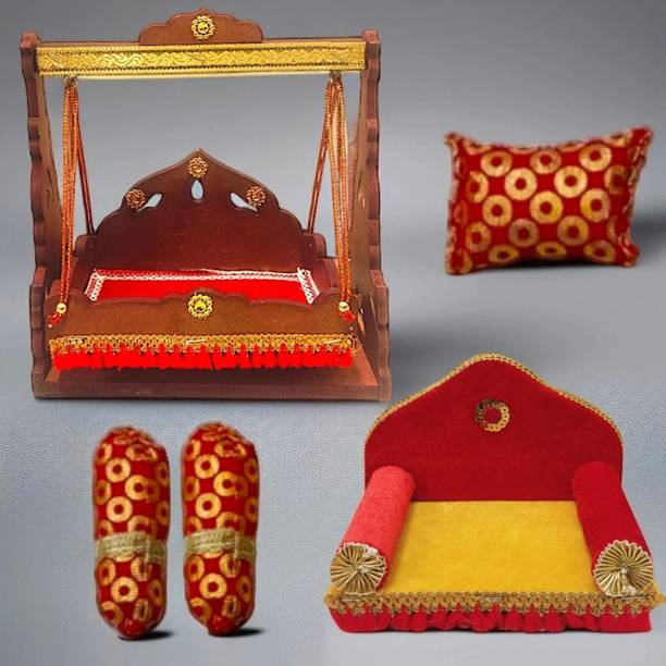 TATV QALAA Janmastmi Combo of Wooden Jhula, Singhasan and Pillow for 0 to 5 Laddu Gopal Jhula