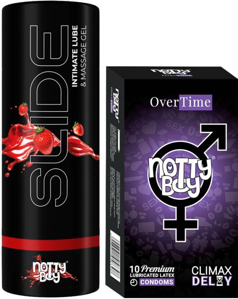 NottyBoy Over Time Condoms (10 Sheets) and Slide Strawberry Flavoured Water Based Lubricant