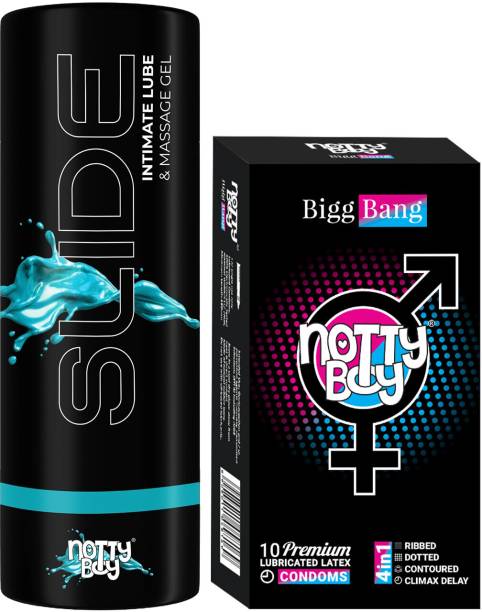 NottyBoy 4in1,Dots, Extra Time Condoms,& Water Based Slide Original Lube & Massage Gel, Lubricant