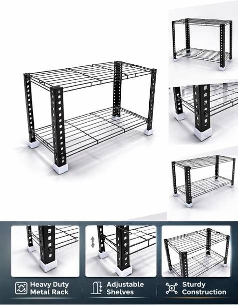 Aknoteek Heavy Duty 2 Shelf Metal Storage Rack | Adjustable Iron Wire Shelving Unit Luggage Rack