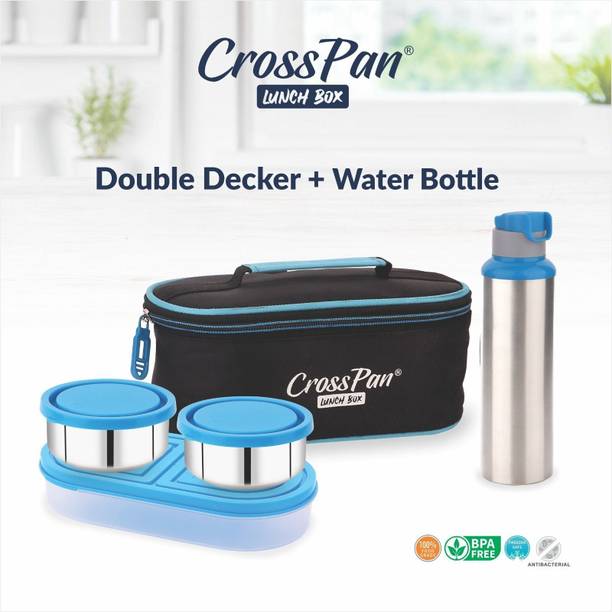 CrossPan Double Decker Executive Stainless Steel Lunch/Tiffin Box/Pack 3Containers (Blue)+ Sleek Water Bottle (600ml) 3 Containers Stainless Steel Office Lunch Box