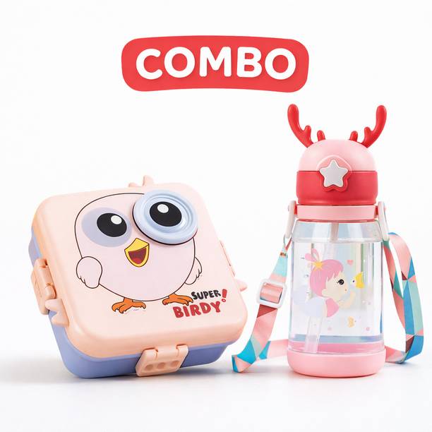 AUREVIAA Kids Lunch Box Bird with Sipper Bottle Combo for School Boys and Girls 4 Containers Plastic School Lunch Box