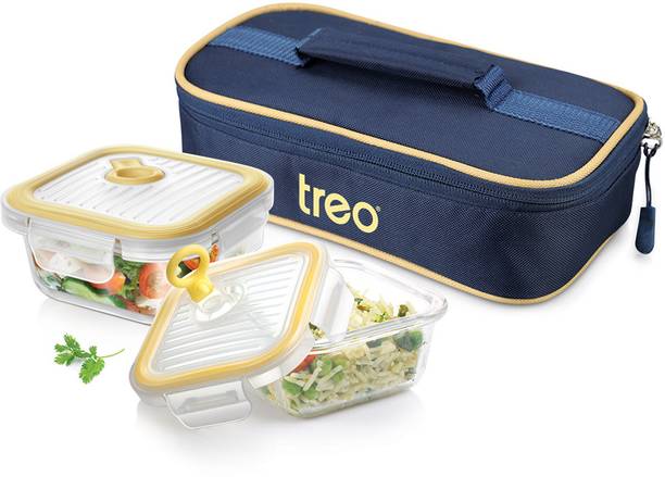 TREO All Fresh Glass Tiffin Set of 2, 320ml Each | Leakproof | Microwave & Oven Safe 2 Containers Lunch Box