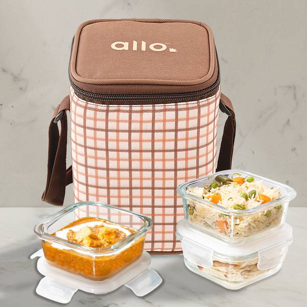 Allo FoodSafe Glass Lunch Box,Microwave Safe Tiffin with Cocoa Brown Lunch Bag, 3 Containers Lunch Box