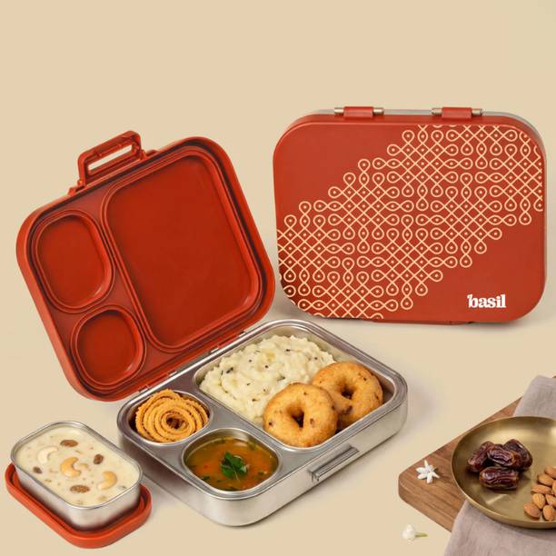 BASIL Quad plus 4-Compartment Stainless Steel Bento Box (1020ml) – Tanjore Kolam 4 Containers Stainless Steel School Lunch Box