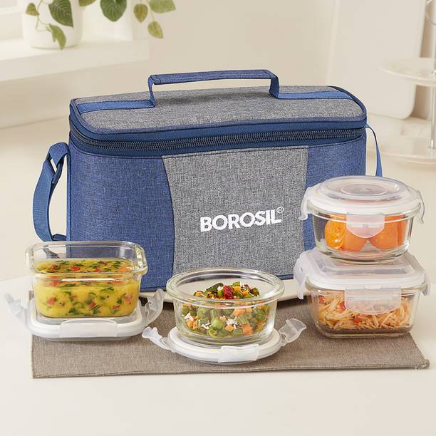 BOROSIL Alora Universal Glass Lunchbox, 4 pc Set (320 ml x 2 + 240 ml x 2) 4 Containers Lunch Box