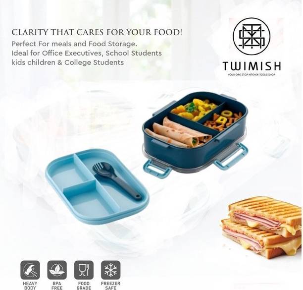 Twimish Navy Blue Plastic Lunch Box for Kids & Adults 3 Containers Plastic Schoo