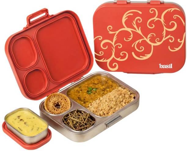 BASIL Quad plus 4-Compartment Stainless Steel Bento Box (1020ml) – Jaipuri Jaali 4 Containers Stainless Steel School Lunch Box