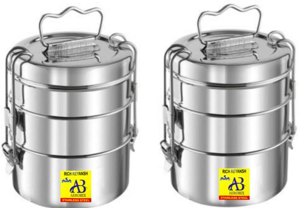 AEROBIX high quality Steel Clipper Tiffin With Handle For Office,School use (Pack Of 2) 3 Containers Lunch Box
