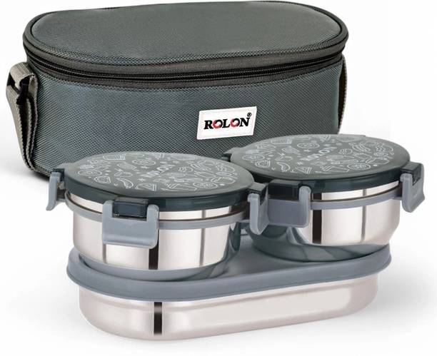ROLON Lunch Lock Double Decker | Grey | 3 Airtight Containers | Insulated Lunch Bag 3 Containers Stainless Steel Office Lunch Box