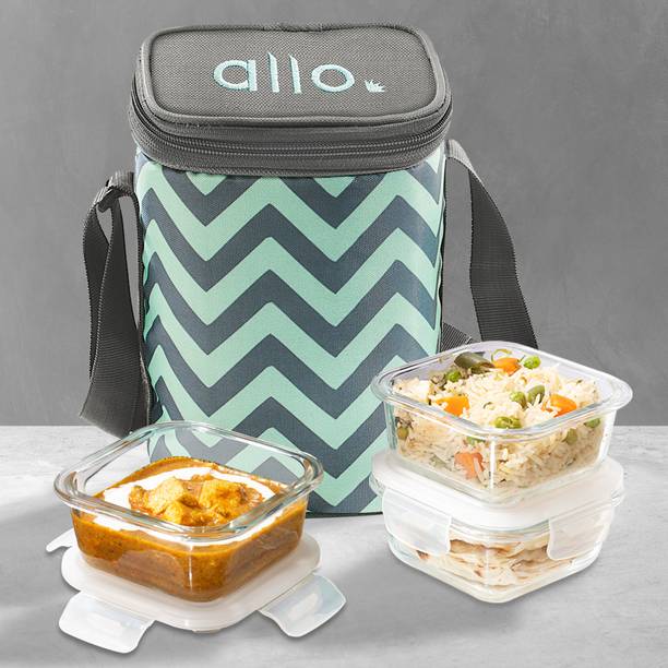Allo FoodSafe Glass Lunch Box,Microwave Safe Tiffin with Chevron Mint Lunch Bag, 3 Containers Lunch Box