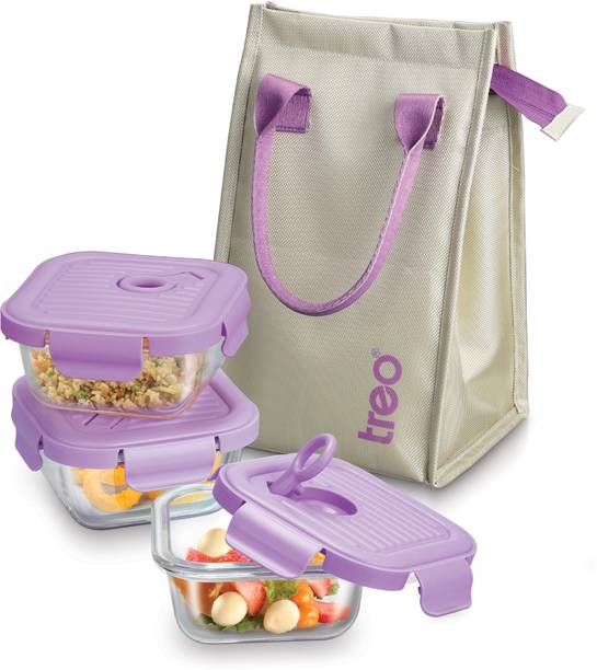 ट्रीओ Lumino Fresh Square Borosilicate Glass Tiffin Box Set of 3, Purple 320 ml each 3 कंटेनर लंच बॉक्स