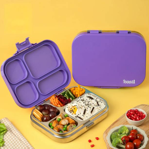 BASIL Stainless Steel 4 Compartment Bento Lunch Box, BPA-Free Lid, 800ml - Purple Pop 1 Containers Stainless Steel Office Lunch Box
