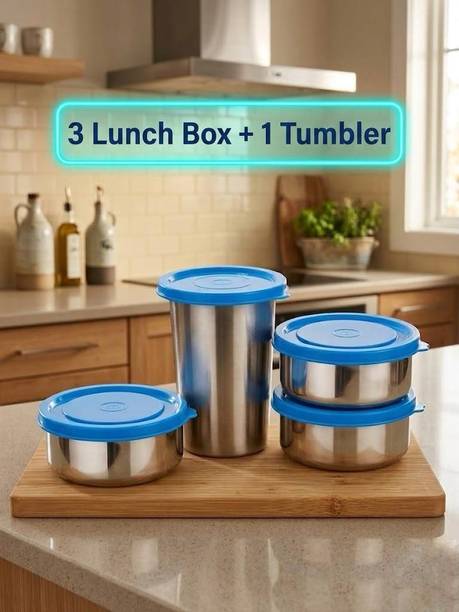 RADHKRISHYA 3 LB + 1 TM = Blue/01 4 Containers Aluminium, Plastic, Stainless Steel School Lunch Box