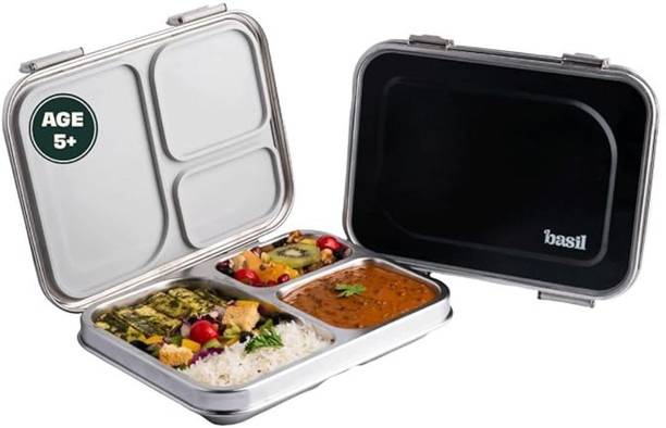 BASIL Bento Box - Lunch Box for Kids| Stainless Steel| Leak Proof| - Black 3 Containers Stainless Steel Office Lunch Box