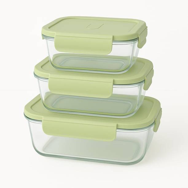 fielrop Airtight Glass Storage Lunch Box 3 Pcs Set 3 Containers Glass Office Lun