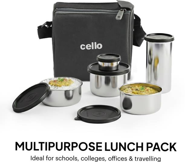 cello Steelox Set of 5 Pcs (50ml, 225ml, 375ml, 550ml) + 375ml Tumbler with Bag, Grey 5 Containers Stainless Steel Office Lunch Box