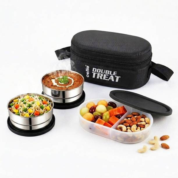 cello Double treat Lunch Box - 3 container 3 Containers Stainless Steel, Plastic