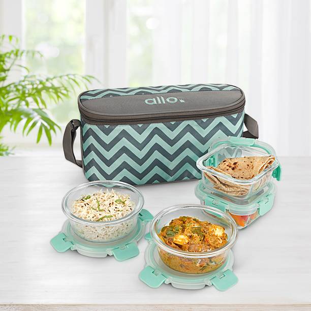 Allo FodSafe Glass Lunch Box,Microwave Safe Tiffin with Chevrn Mint Lunch Bag, 4 Containers Lunch Box