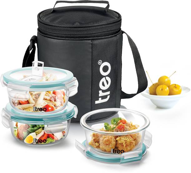 TREO All Weather Round Glass Lunch Box Set of 3, 400ml Each, Leakproof Jacket, Black 3 Containers Lunch Box