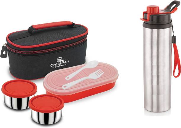 CrossPan DoubleDecker Stainless Steel Lunch Box / Tiffin Box with 750 ml SS Water Bottle 3 Containers Lunch Box