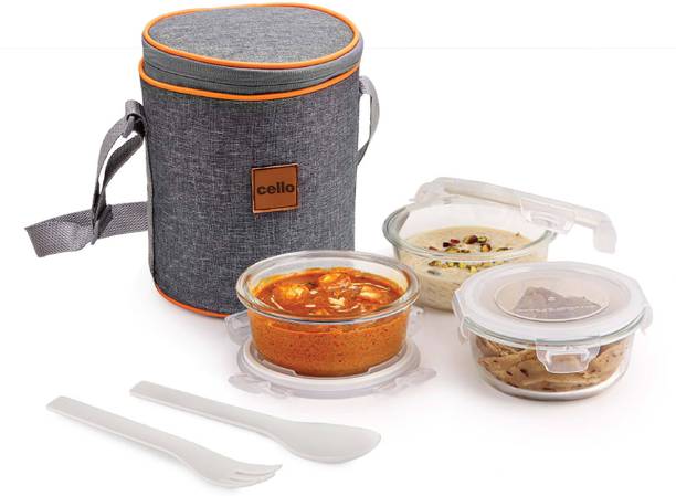 cello Royale Round Borosilicate Glass Lunch Box with Jacket, 400ml, Set of 3 | 3 Containers Glass Office Lunch Box